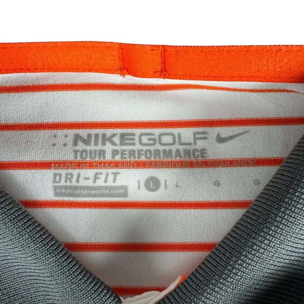 NIKE Golf Polo Shirt Mens Large White Orange Striped Short Sleeve Preppy Sporty